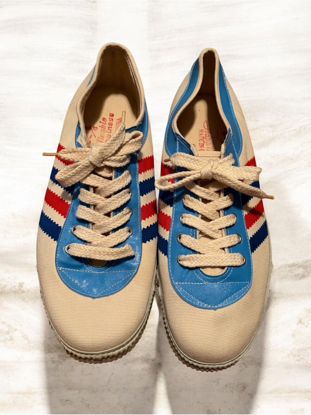 Vintage 70s Double Happiness Canvas Sports Shoes Sneaker Retro Red Blue Stripes